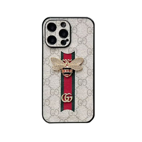 Classic Leather Luxury Bees Phone Case With Strap for iPhone 12