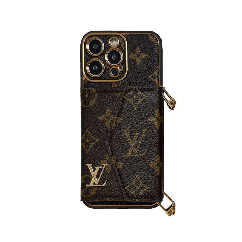 Monogram iPhone Case With Wallet And Strap Brown Big Printing for iPhone 12