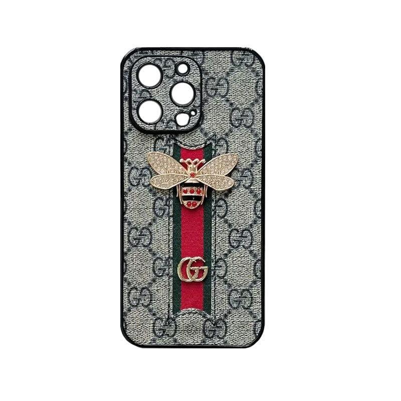 Classic Leather GG Bees Phone Case With Strap for iPhone 12
