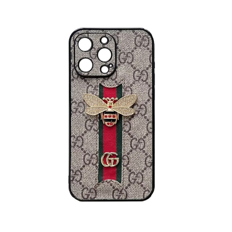 Classic Leather Luxury Bees Phone Case With Strap for iPhone 12