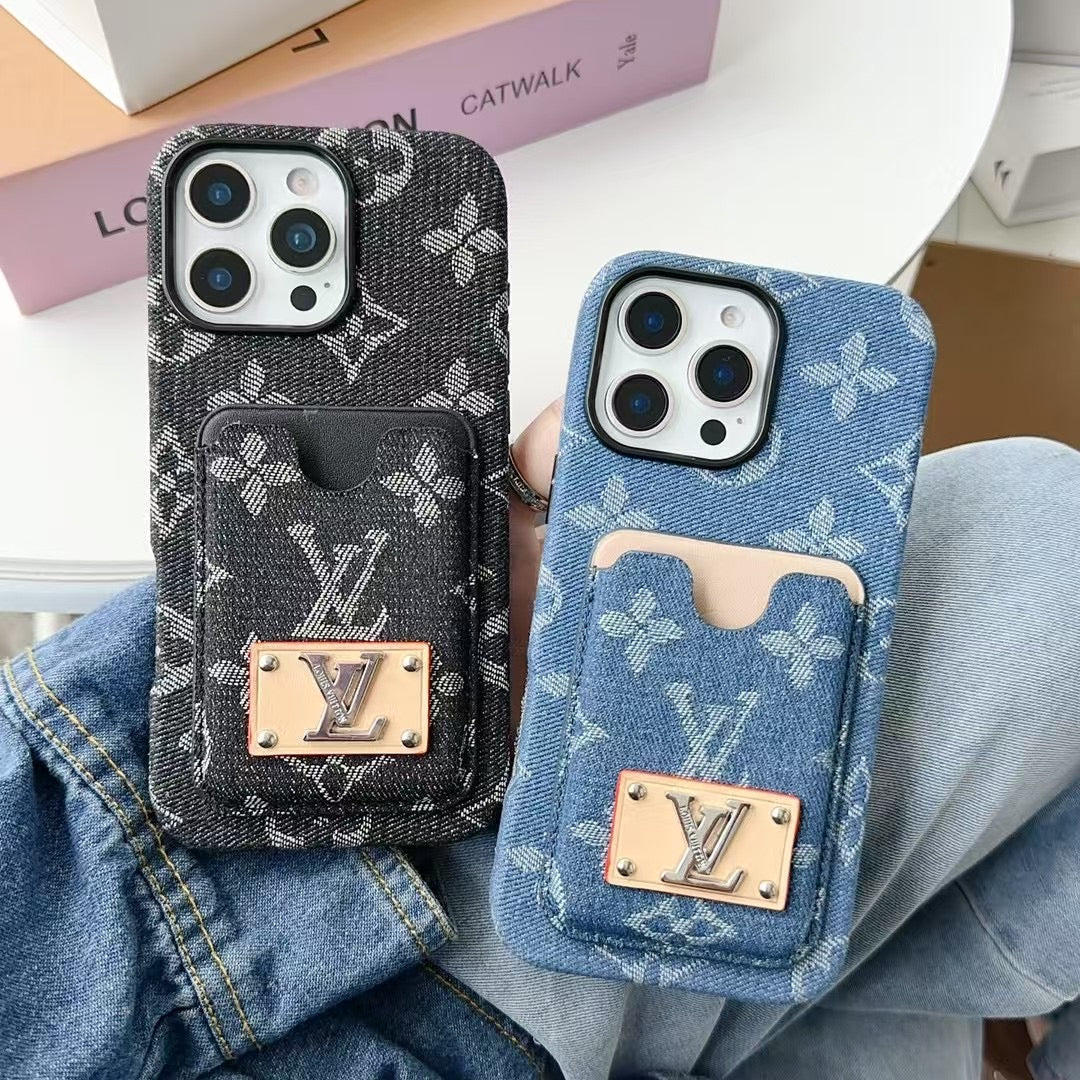 Denim LV Phone Case Card Holder For 13 – 16 Pro Max