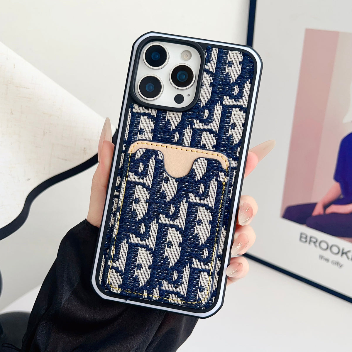 Dior Fabric iPhone Case Card Slot For 12 -16 Pro Max Plus for 12-pro