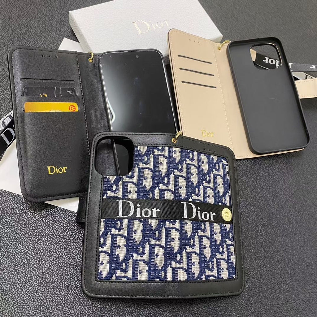 Dior Wallet iPhone Case With Strap For 12 13 14 15 16 Pro Max Plus Series