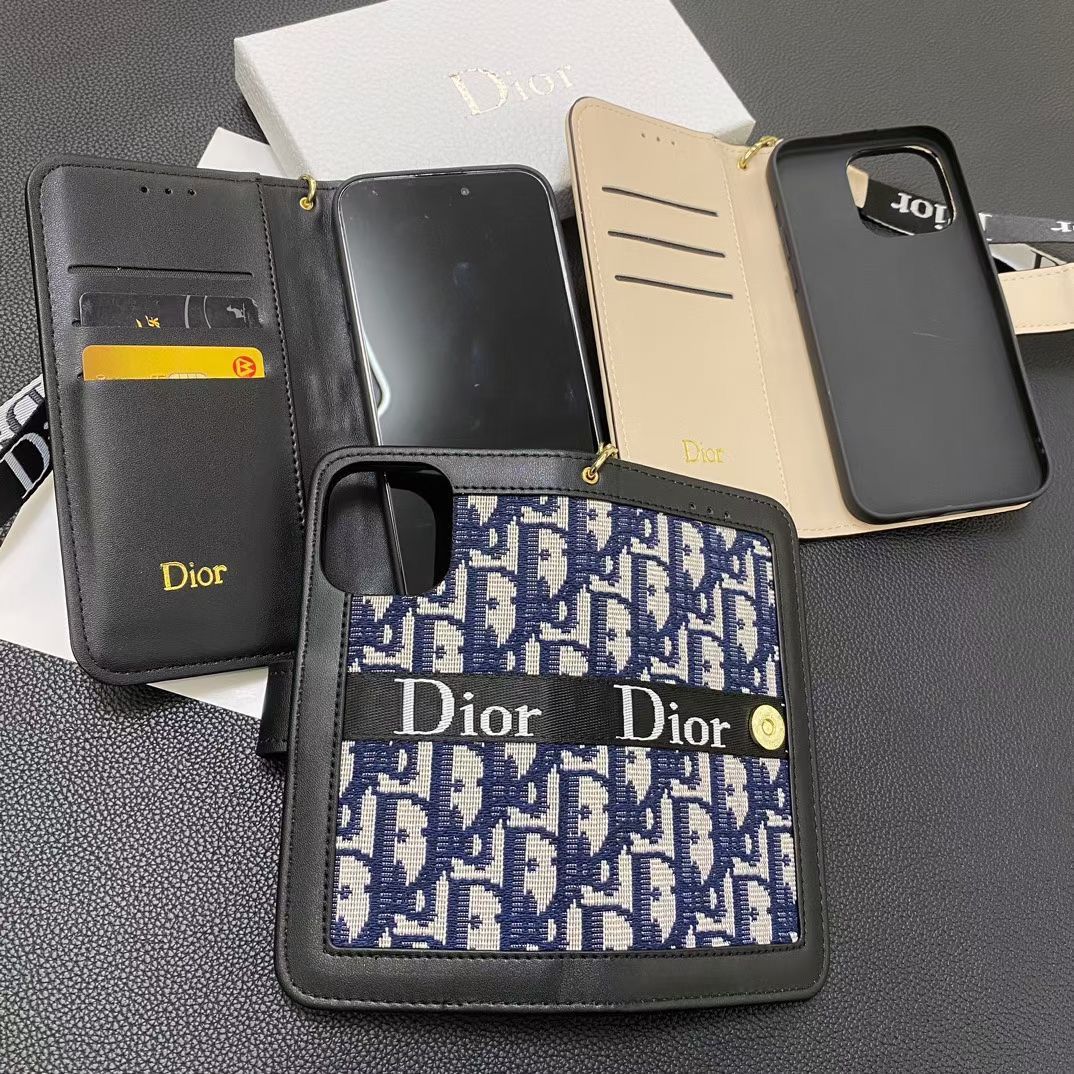 Dior Wallet iPhone Case With Strap For 12 13 14 15 16 Pro Max Plus Series