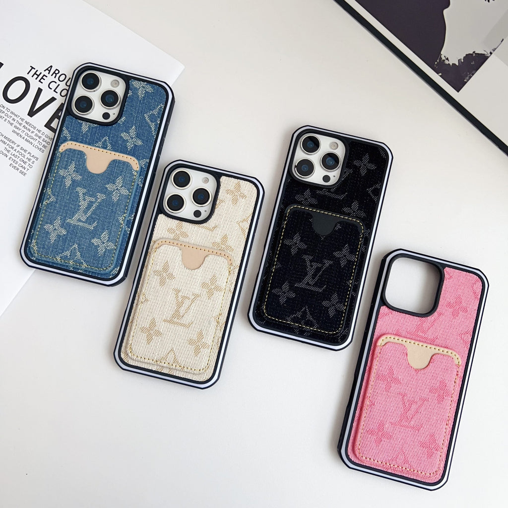 Fabric LV iPhone Case Card Slot For 12-16 Pro Max