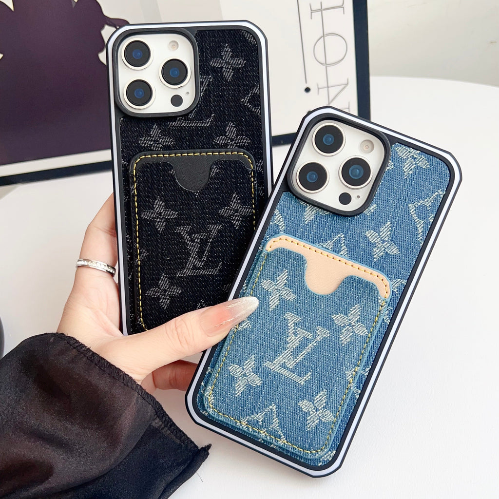 Fabric LV iPhone Case Card Slot For 12-16 Pro Max