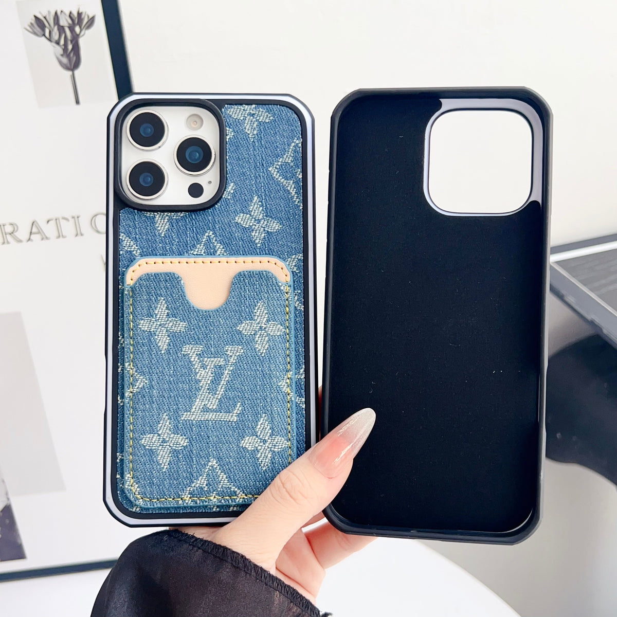 Fabric LV iPhone Case Card Slot For 12-16 Pro Max