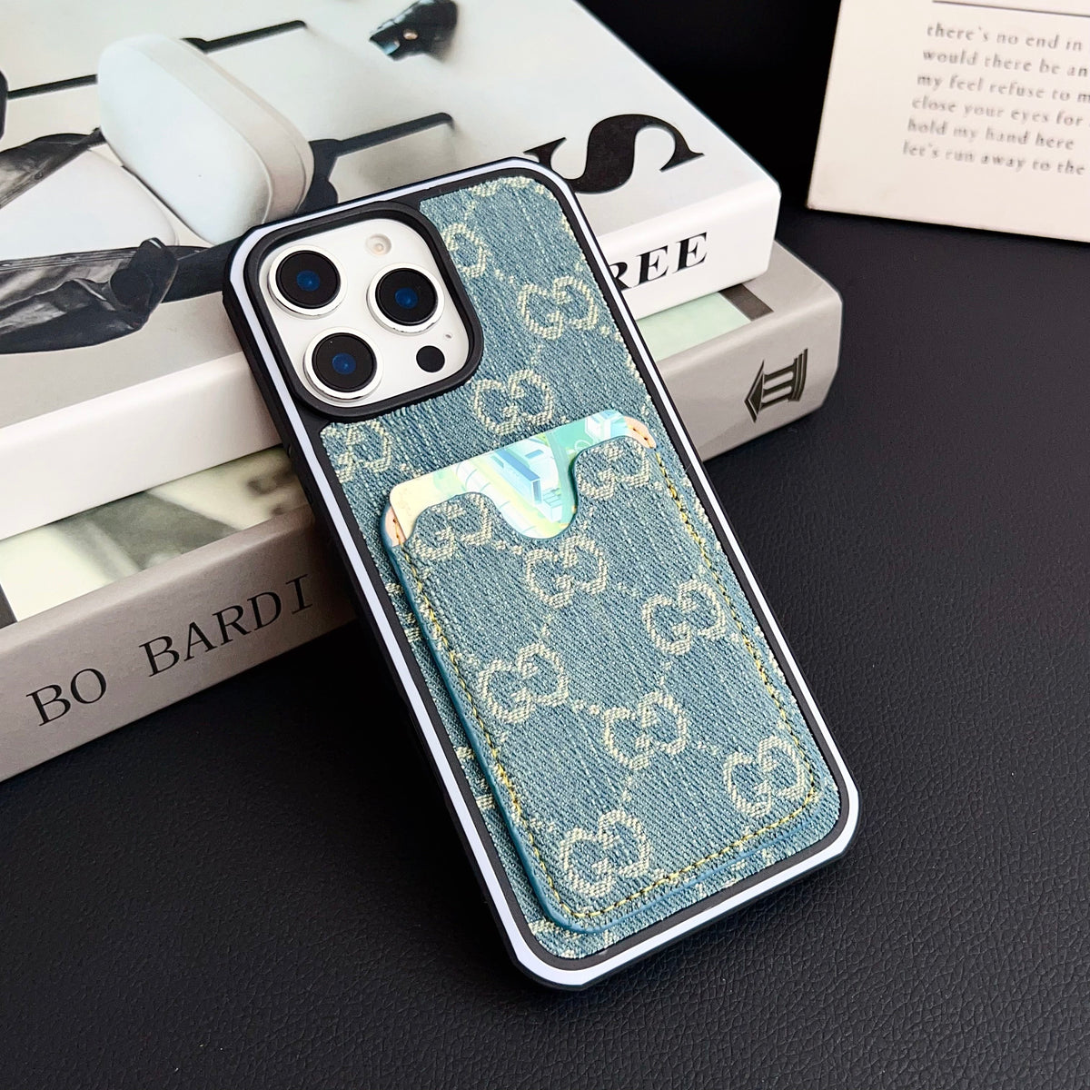 GG Card Slot Denim iPhone Case For 12-16 Pro Max for 12-pro