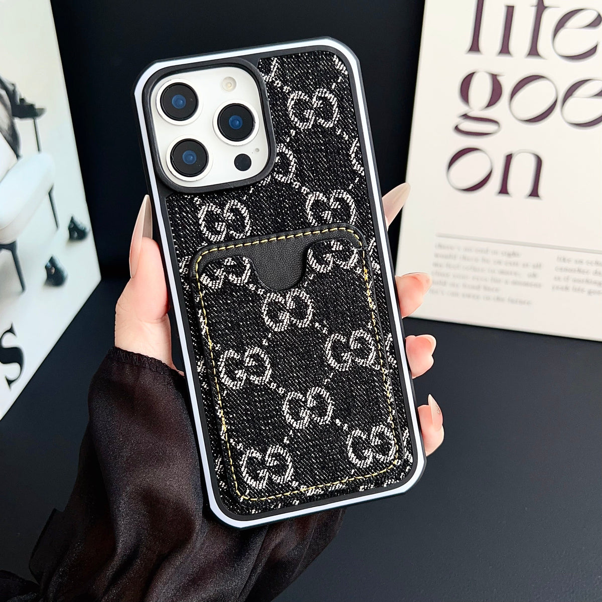 GG Card Slot Denim iPhone Case For 12-16 Pro Max for 12-pro-max