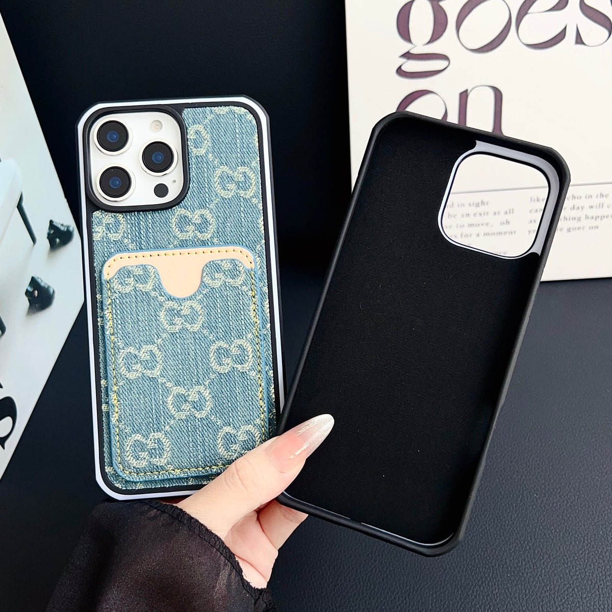 GG Card Slot Denim iPhone Case For 12-16 Pro Max