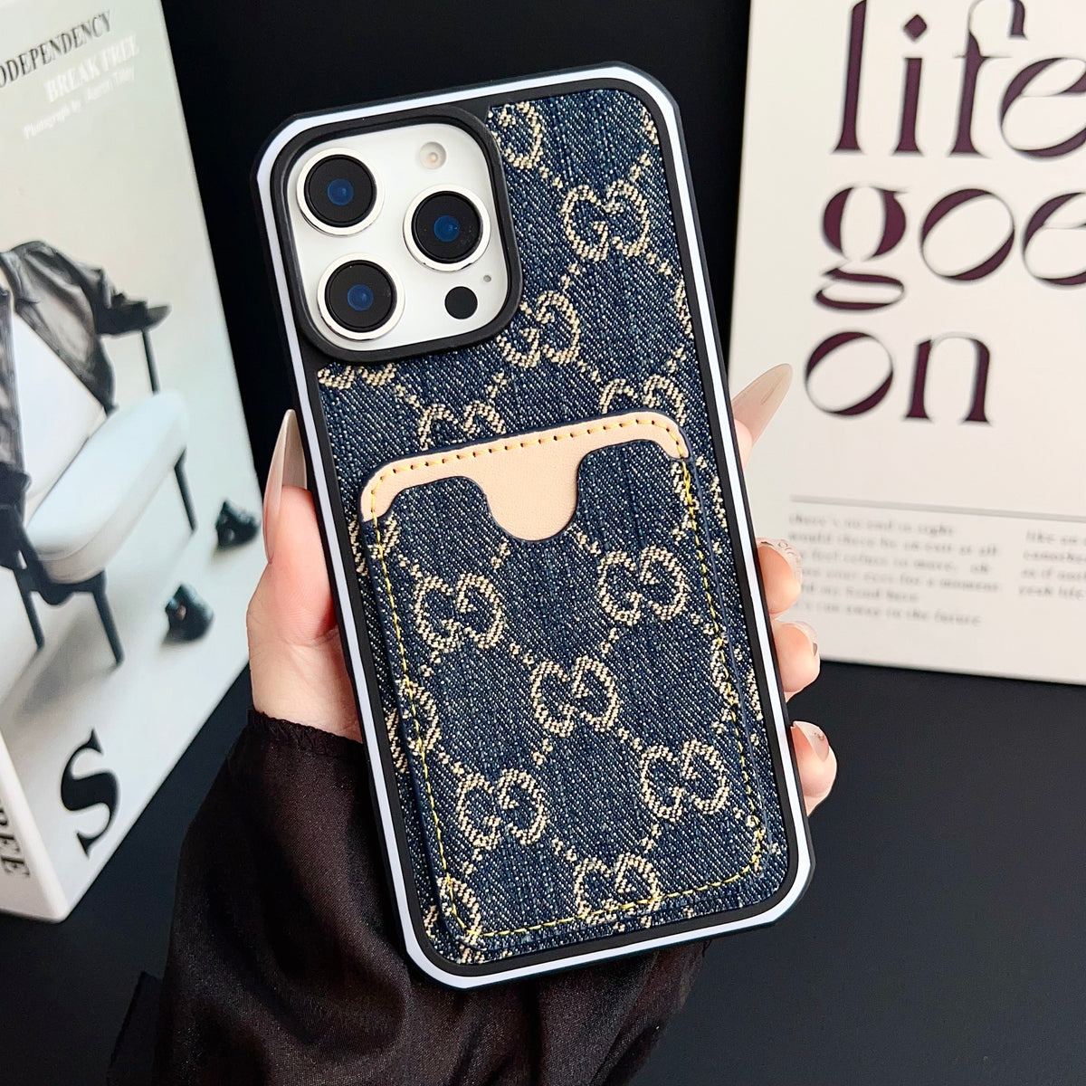 GG Card Slot Denim iPhone Case For 12-16 Pro Max for 12-pro-max