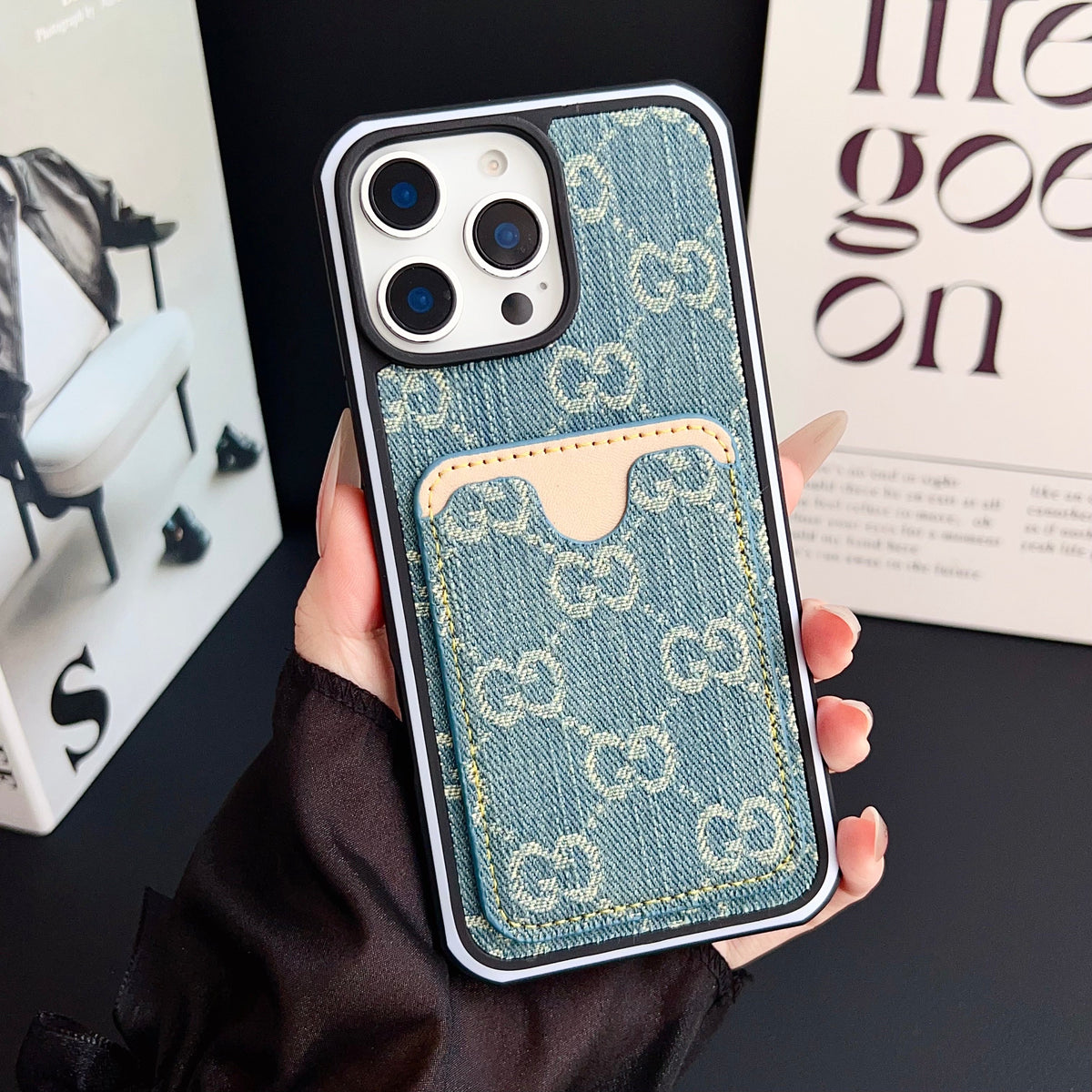 GG Card Slot Denim iPhone Case For 12-16 Pro Max for 12-pro-max