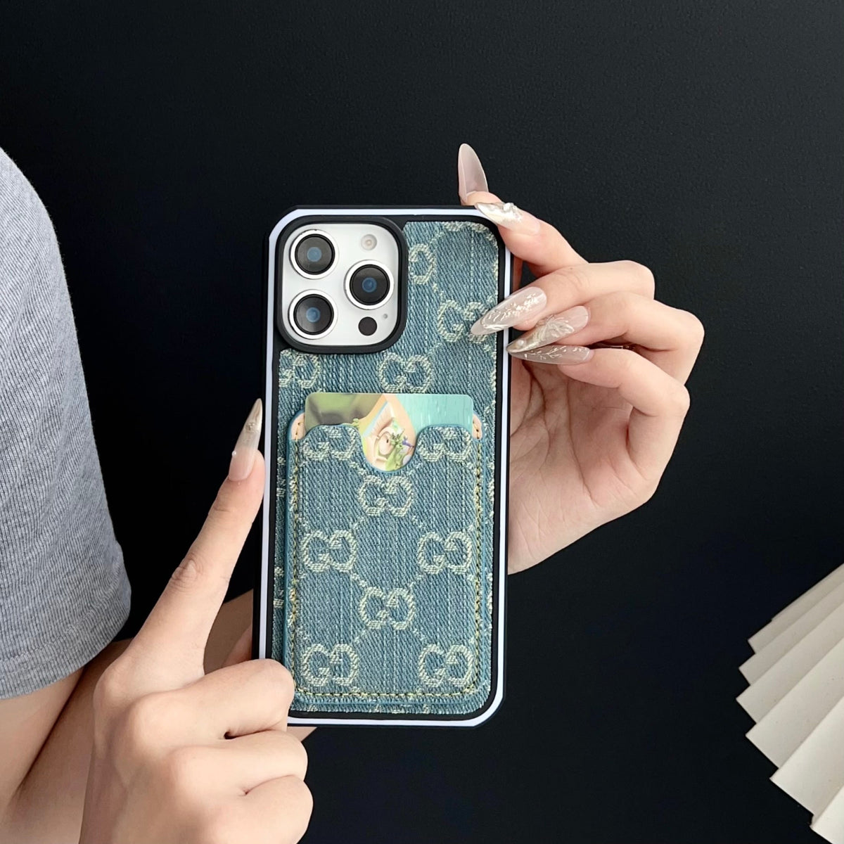 GG Card Slot Denim iPhone Case For 12-16 Pro Max for 12-pro