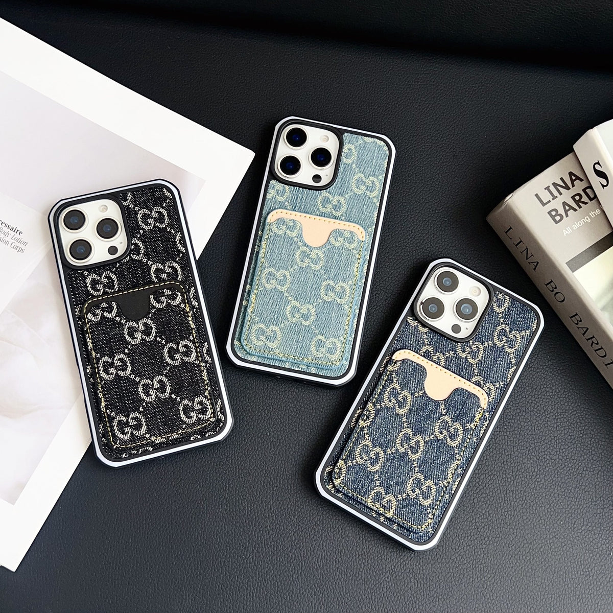 GG Card Slot Denim iPhone Case For 12-16 Pro Max