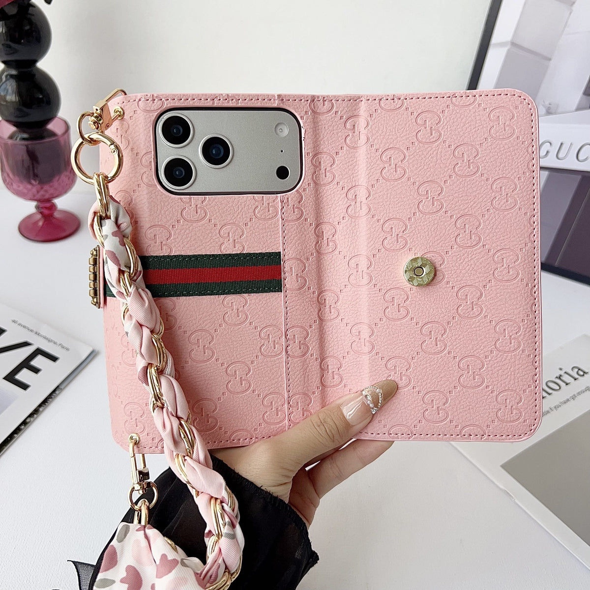 GG Plain Leather Crossbody Wallet Case For 13-17 / Pro / Pro Max