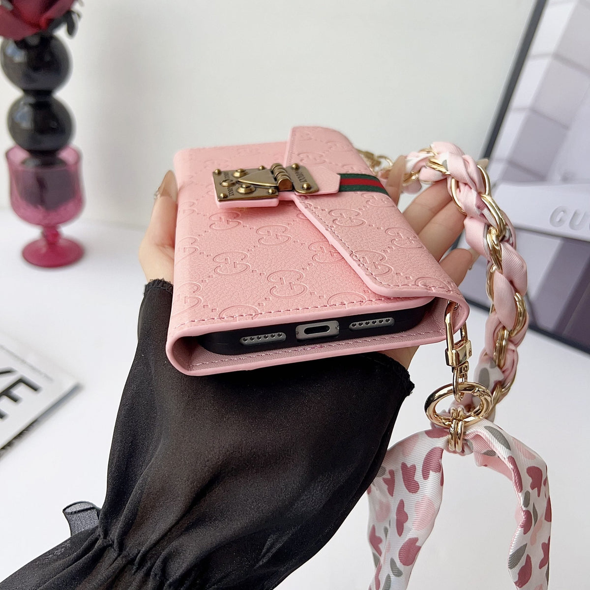 GG Plain Leather Crossbody Wallet Case For 13-17 / Pro / Pro Max for 13-pro
