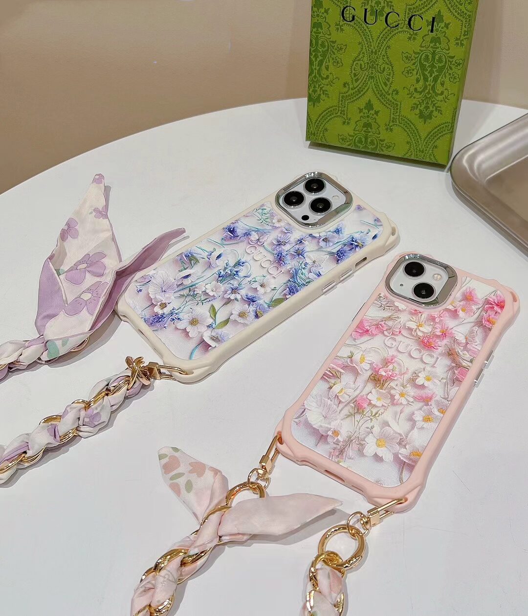 GG iPhone Case Flower 3D Pattern Silk Chain For I Pro Max Plus for 12