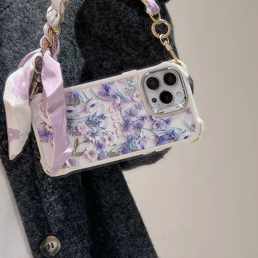 GG iPhone Case Flower 3D Pattern Silk Chain For I Pro Max Plus for 12-pro-max