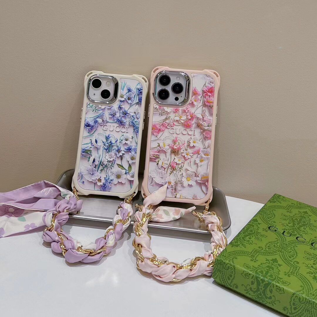 GG iPhone Case Flower 3D Pattern Silk Chain For I Pro Max Plus for 12