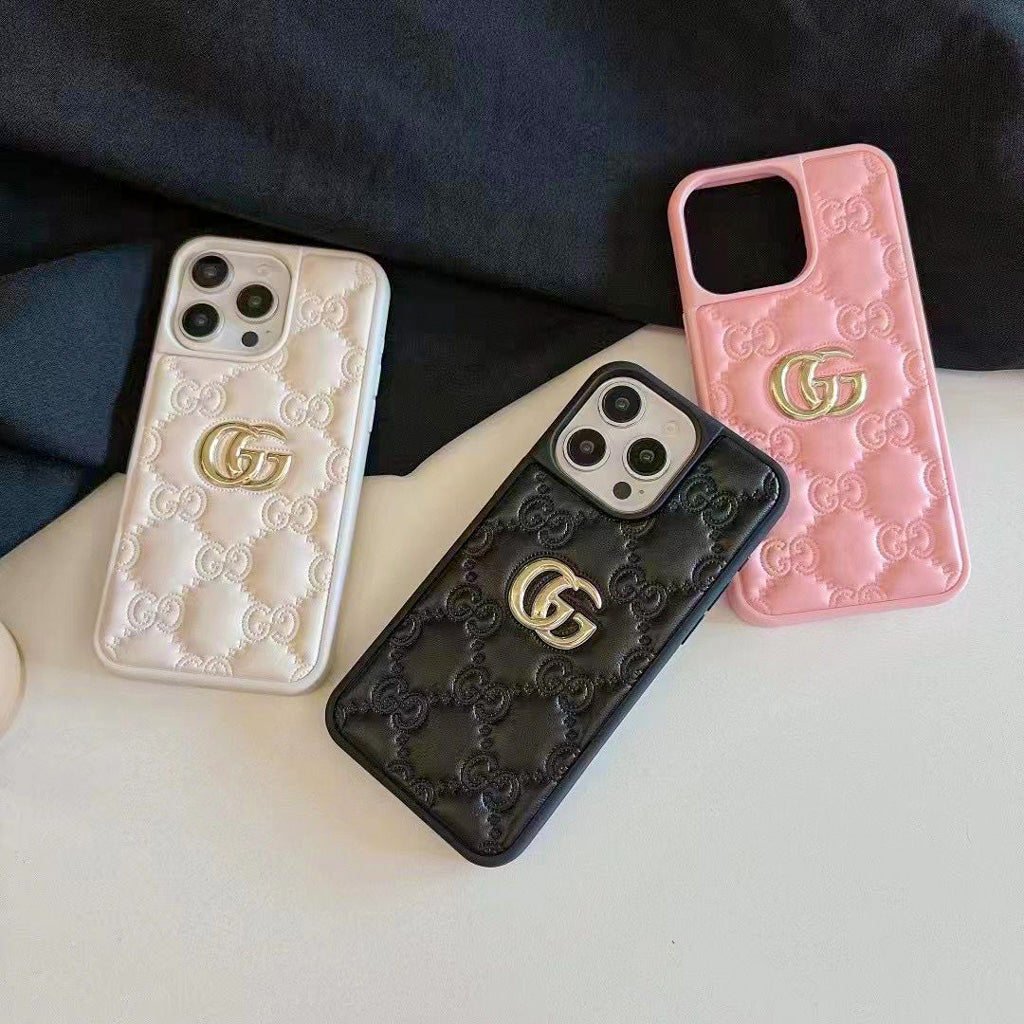 Stamped GG Leather iPhone Case For 13-17 / Pro / Pro Max