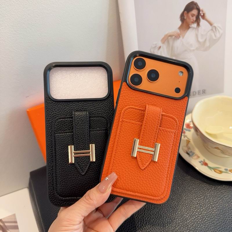 Hermes Leather iPhone Cover Card Slot For 12-17 Series iPhone Case