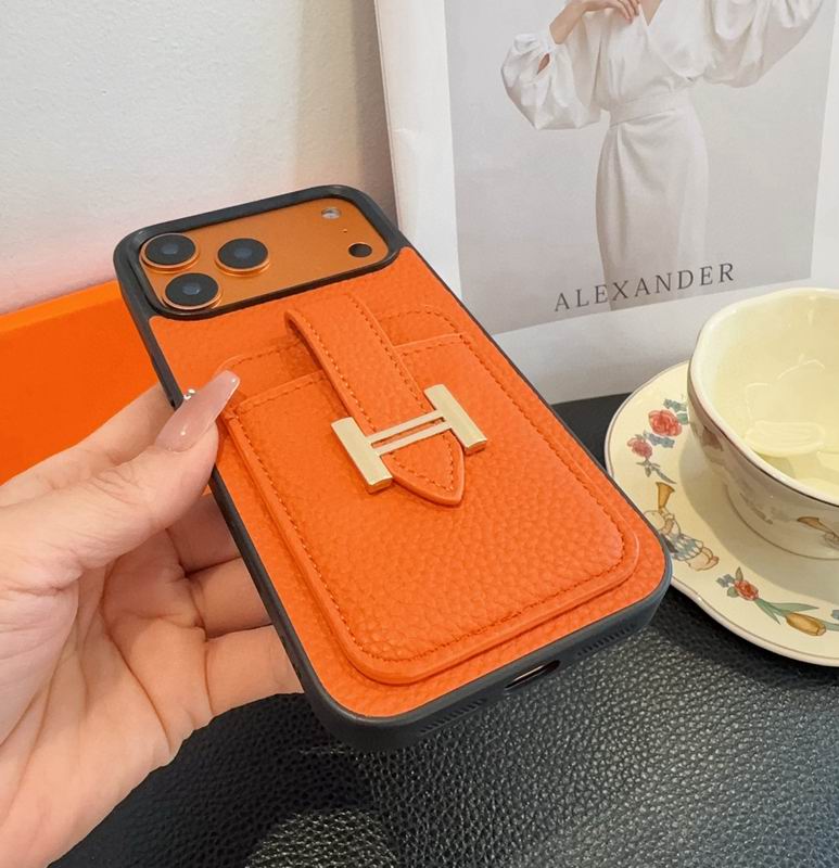 Hermes Leather iPhone Cover Card Slot For 12-17 Series iPhone Case