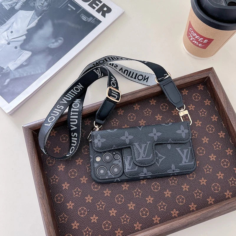 Monogram Leather Crossbody Phone Case Card Holder For iPhone for 12-pro