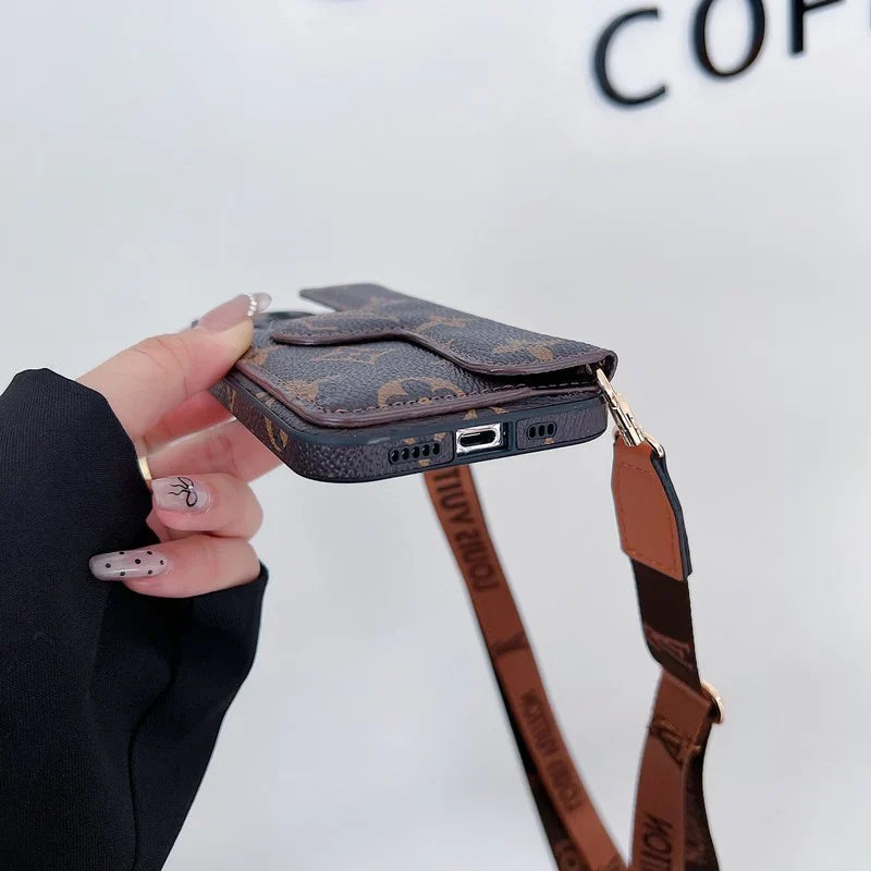 Monogram Leather Crossbody Phone Case Card Holder For iPhone for 12-pro-max