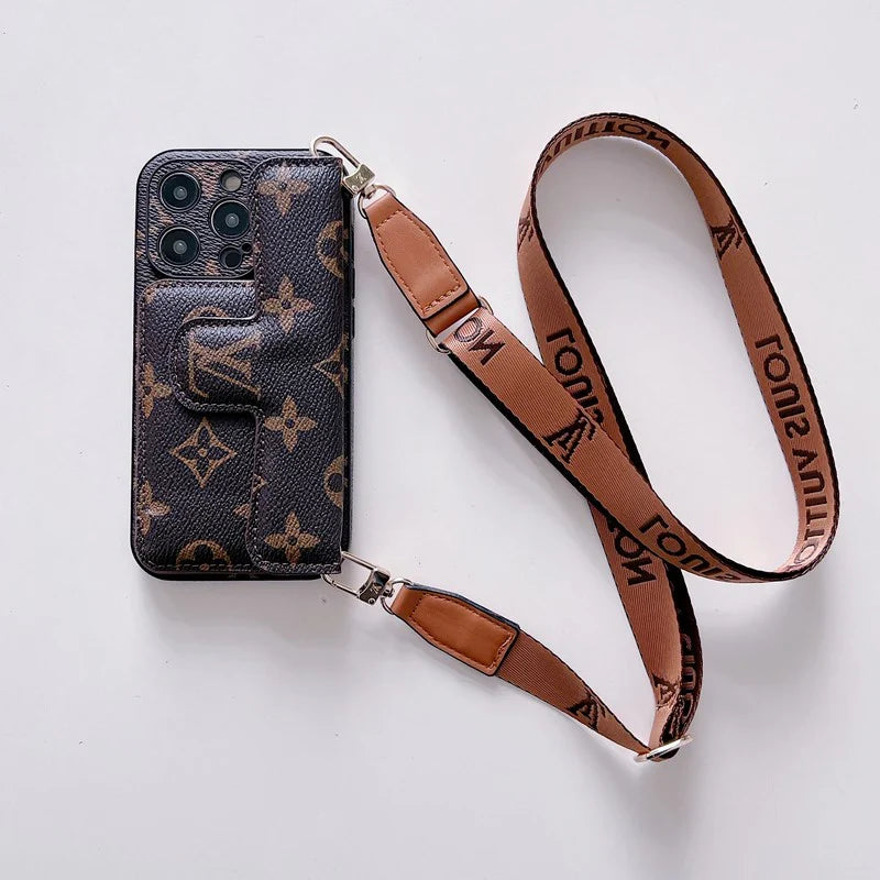Monogram Leather Crossbody Phone Case Card Holder For iPhone for 12