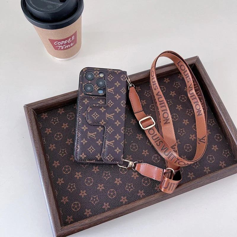 Monogram Leather Crossbody Phone Case Card Holder For iPhone for 13