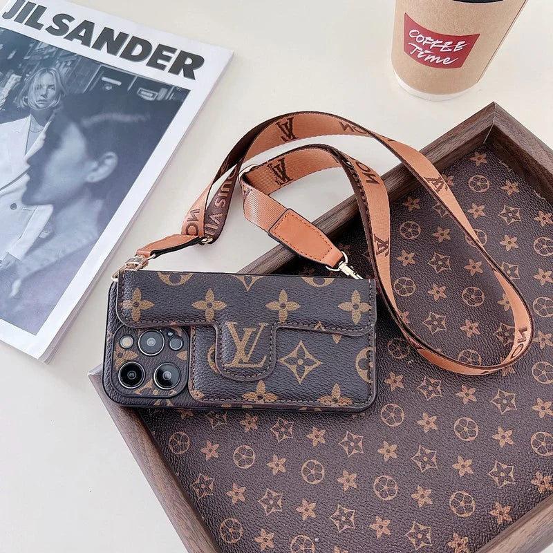 Monogram Leather Crossbody Phone Case Card Holder For iPhone for 12-pro