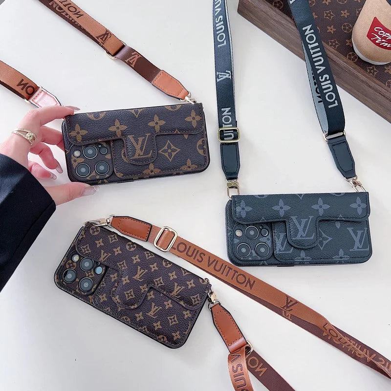 Monogram Leather Crossbody Phone Case Card Holder For iPhone for 12