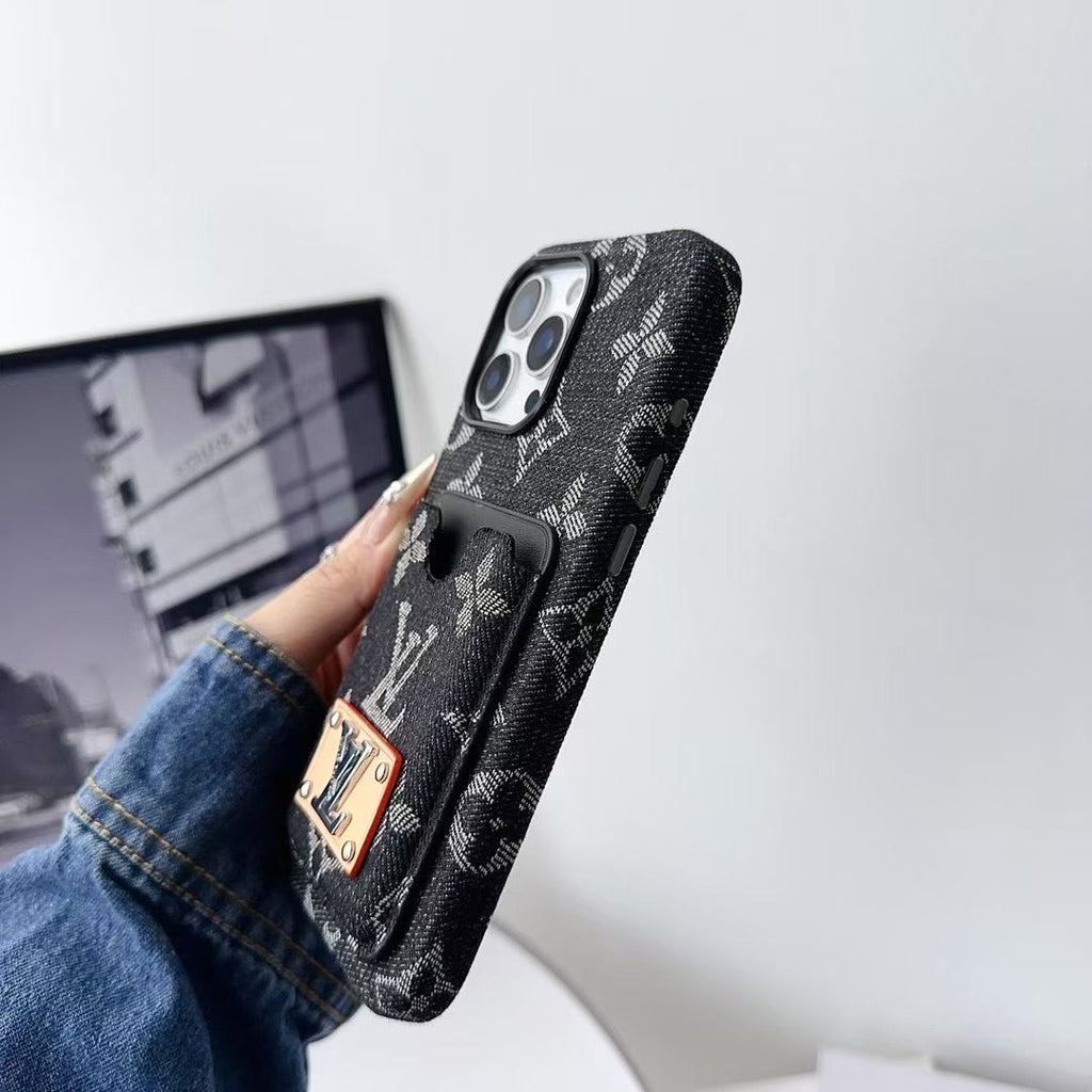 Denim LV Phone Case Card Holder For 13 – 16 Pro Max
