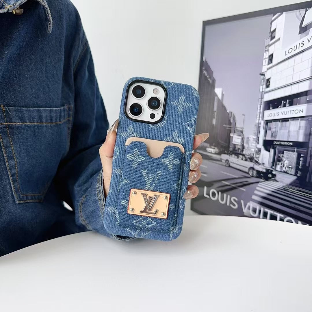 Denim LV Phone Case Card Holder For 13 – 16 Pro Max for 14