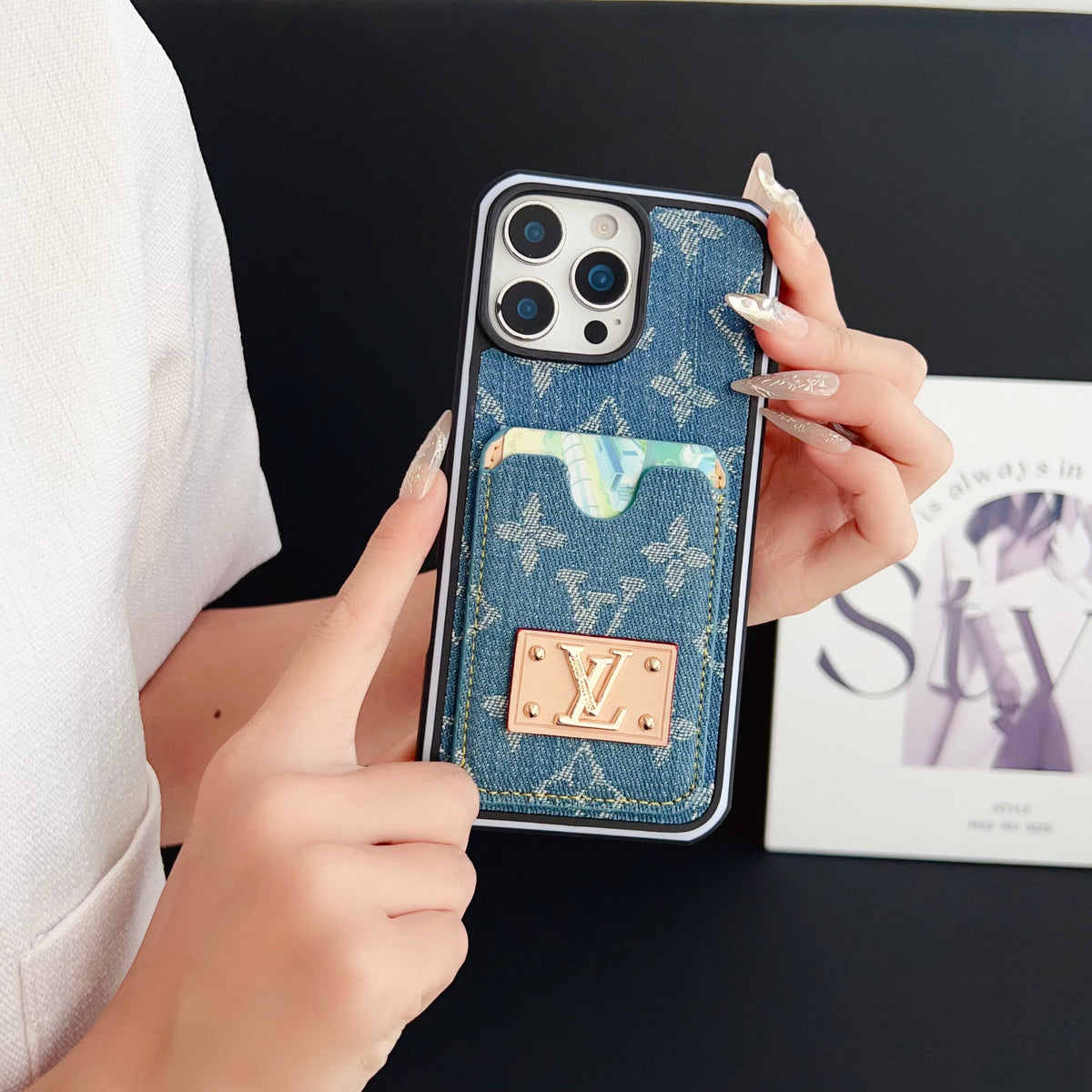 LV iPhone Case Denim Card Holder For 12-16 Pro Max