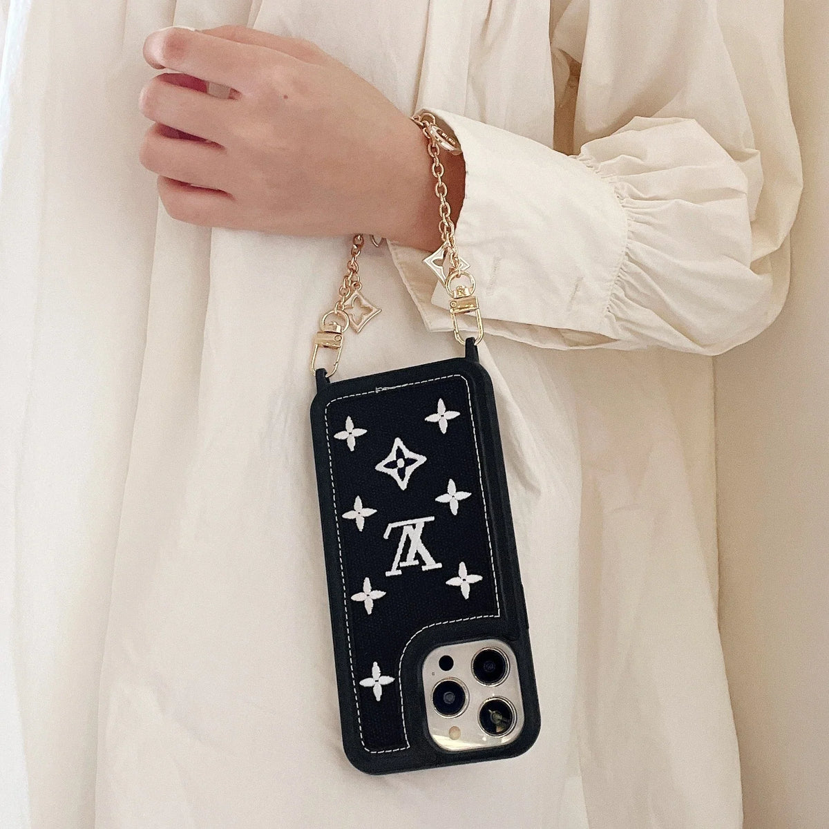 Fabric Leather Crossbody Chain iPhone Case With Ornament Charm for 12-pro-max