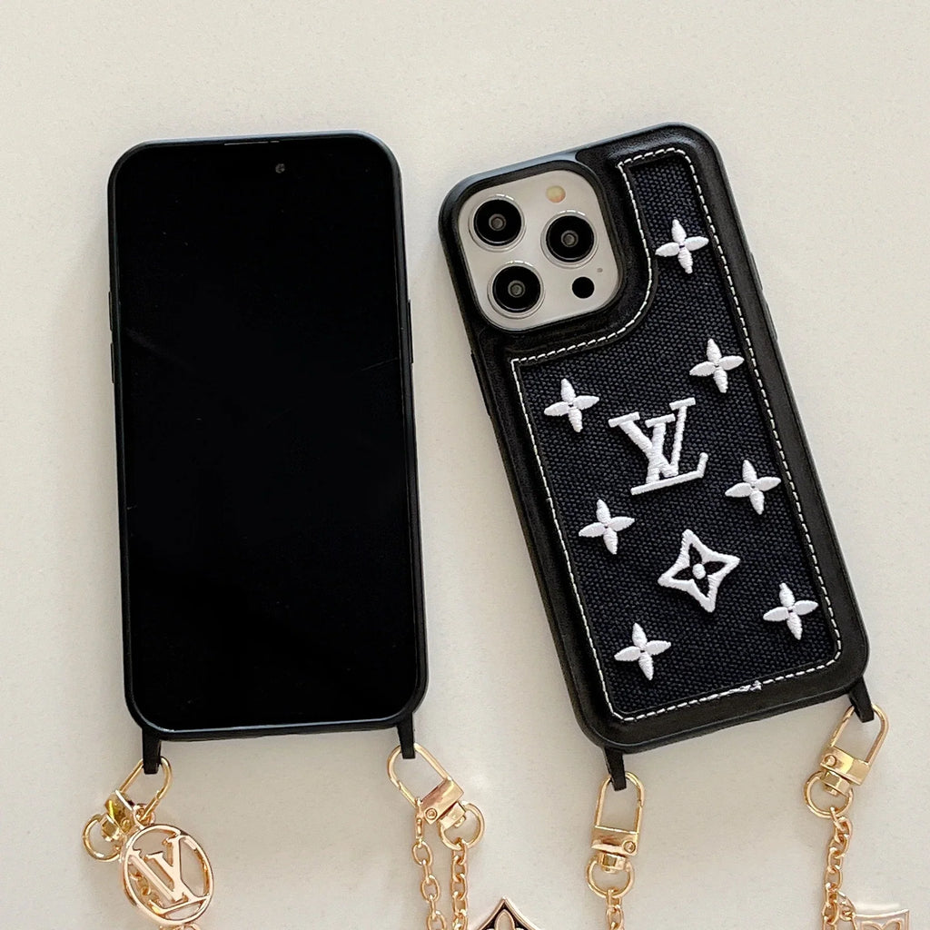 Fabric Leather Crossbody Chain iPhone Case With Ornament Charm for 12-pro-max