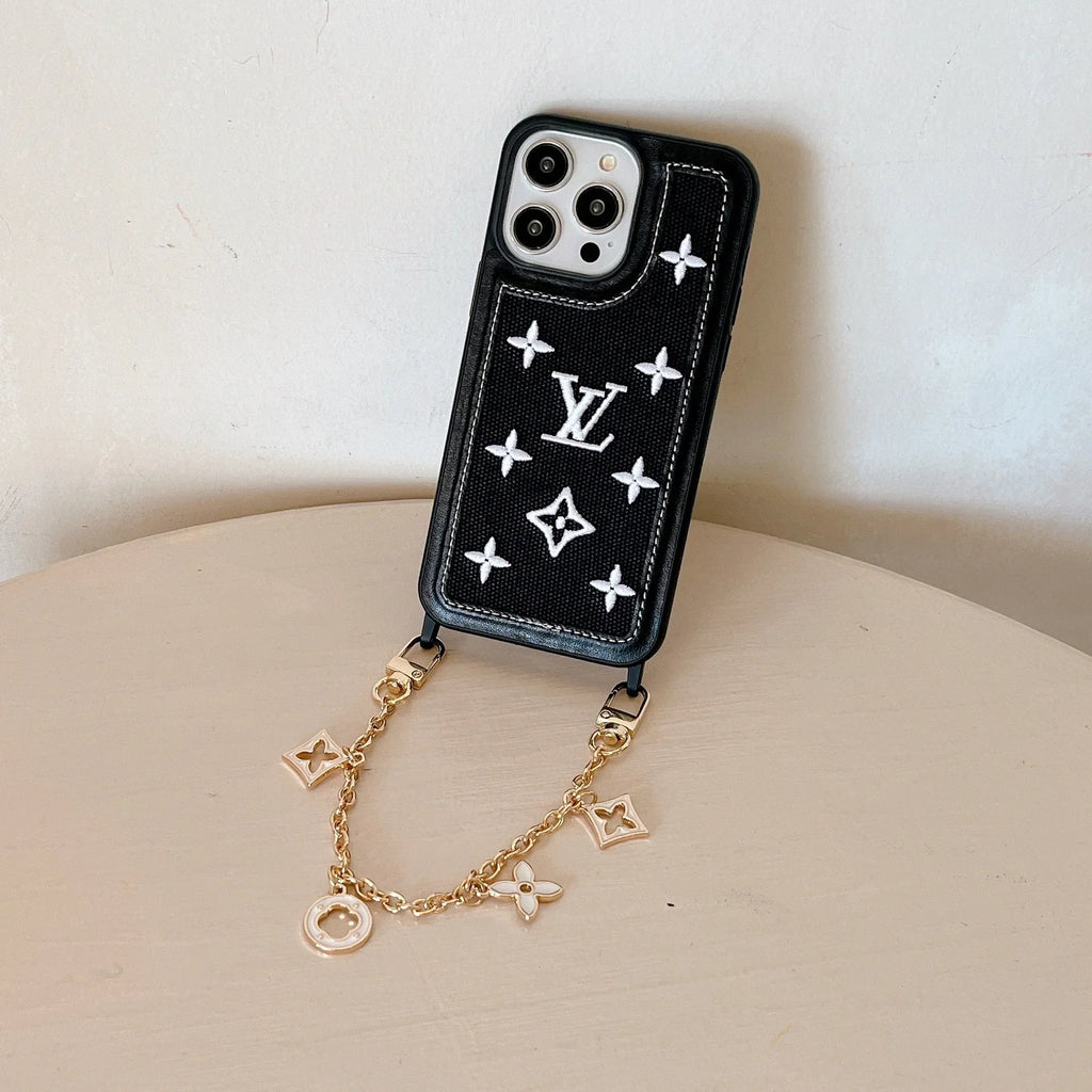 Fabric Leather Crossbody Chain iPhone Case With Ornament Charm for 13-pro