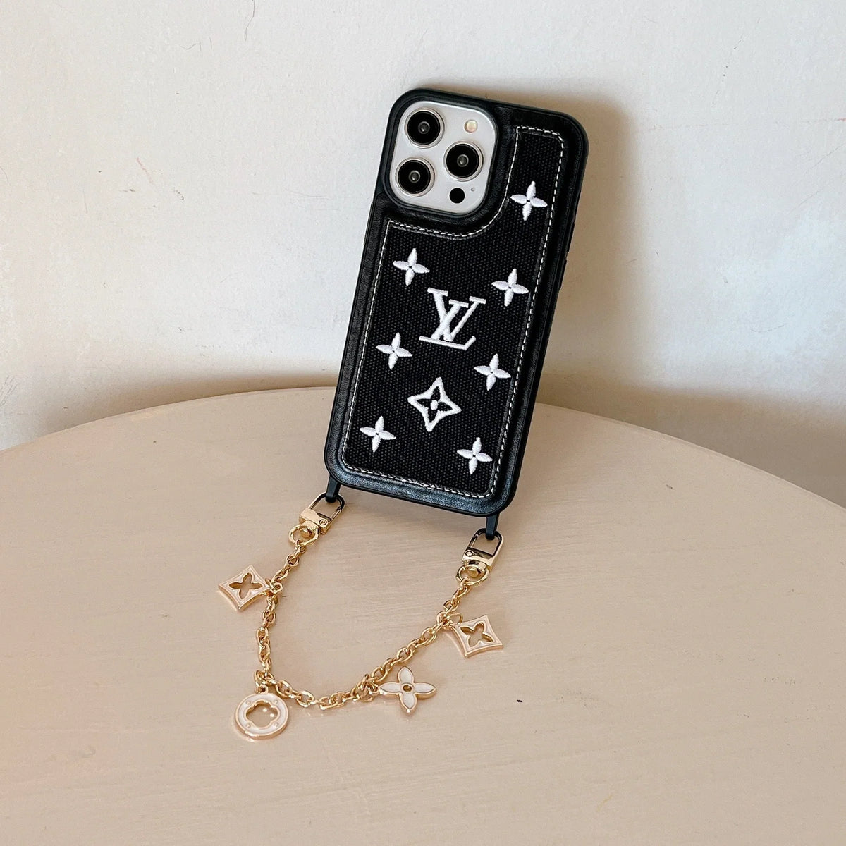 Fabric Leather Crossbody Chain iPhone Case With Ornament Charm for 13-pro