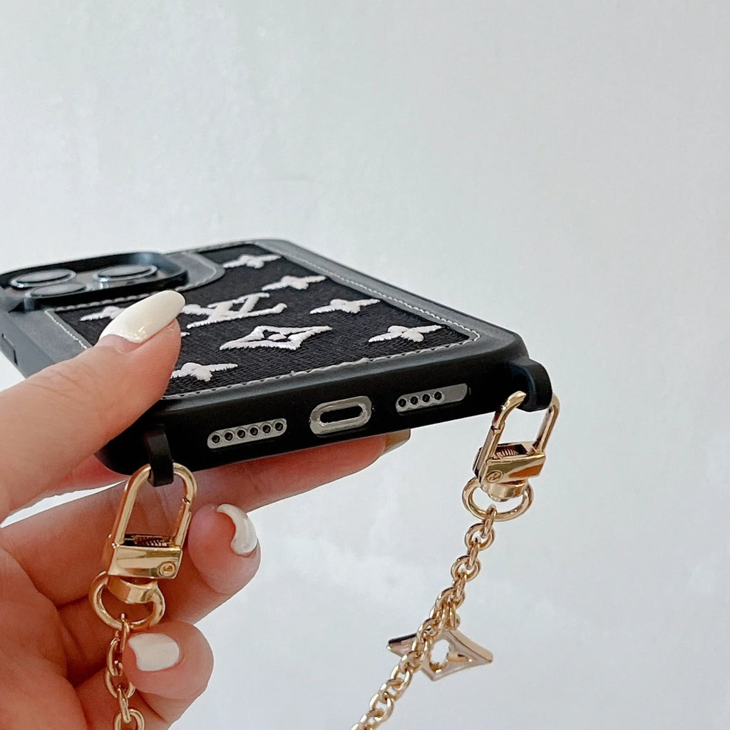 Fabric Leather Crossbody Chain iPhone Case With Ornament Charm for 13-pro-max
