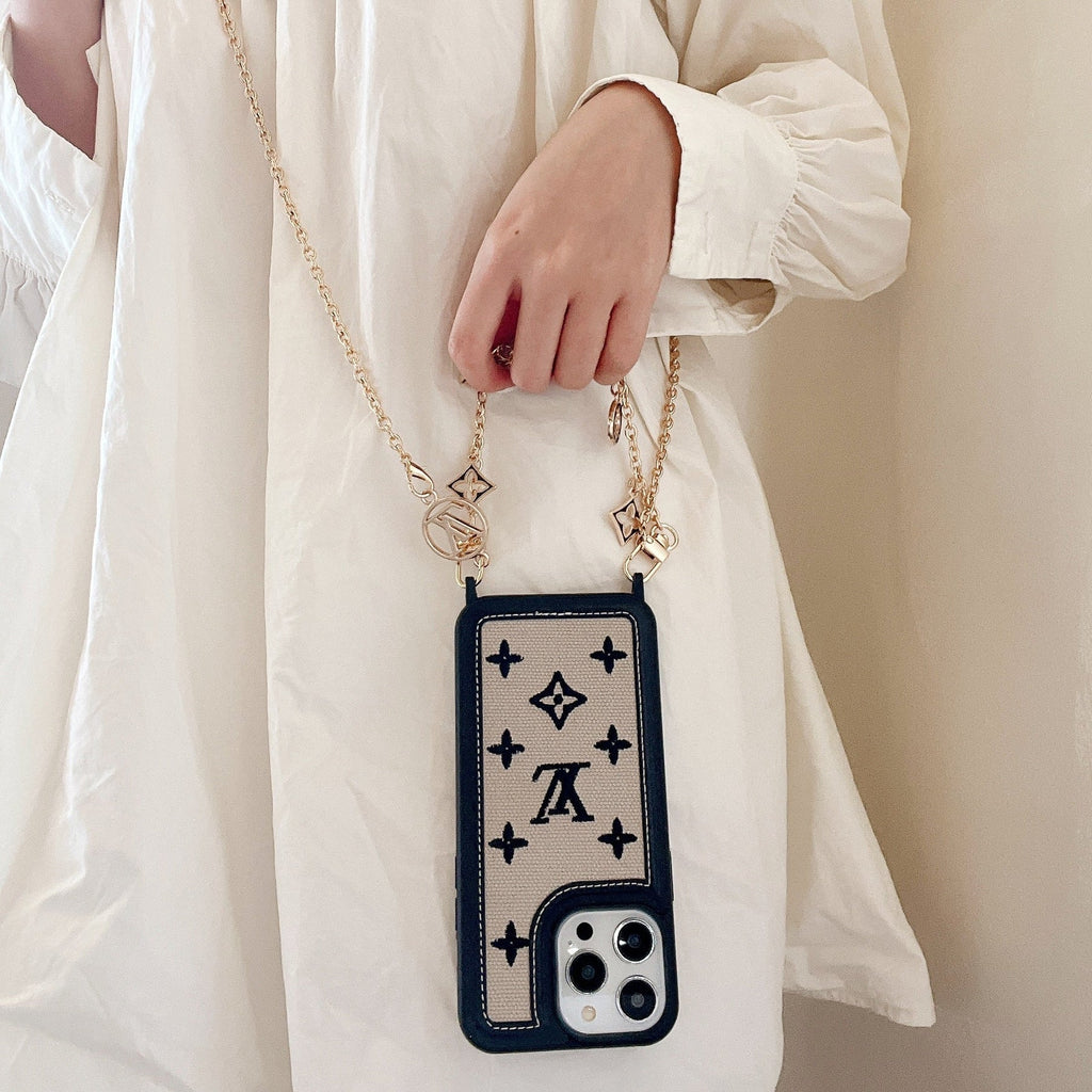 Fabric Leather Crossbody Chain iPhone Case With Ornament Charm for 13