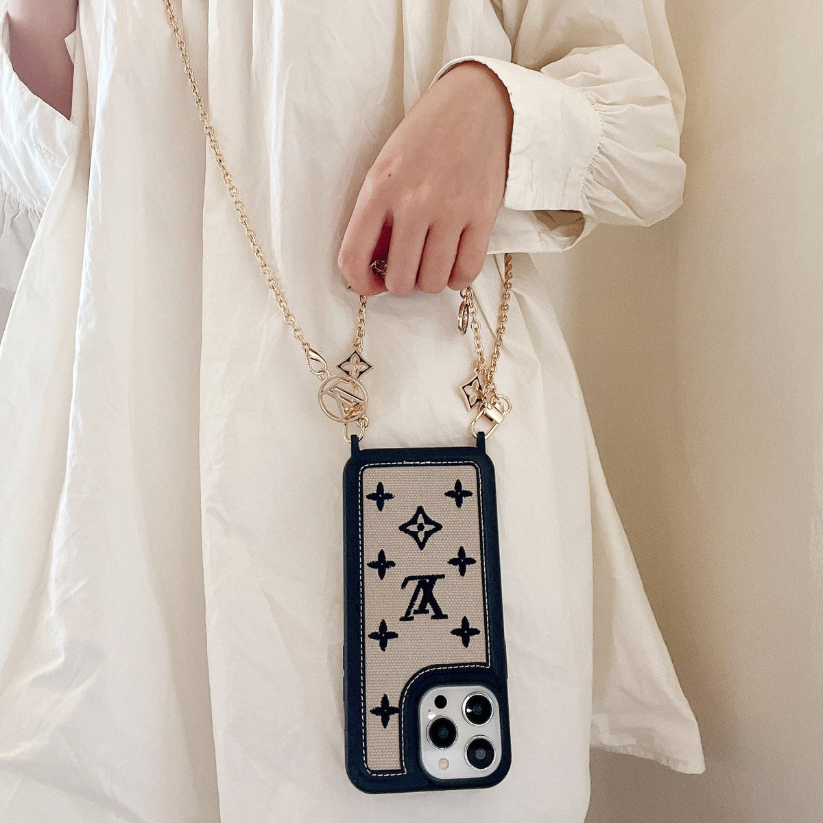 Fabric Leather Crossbody Chain iPhone Case With Ornament Charm for 13