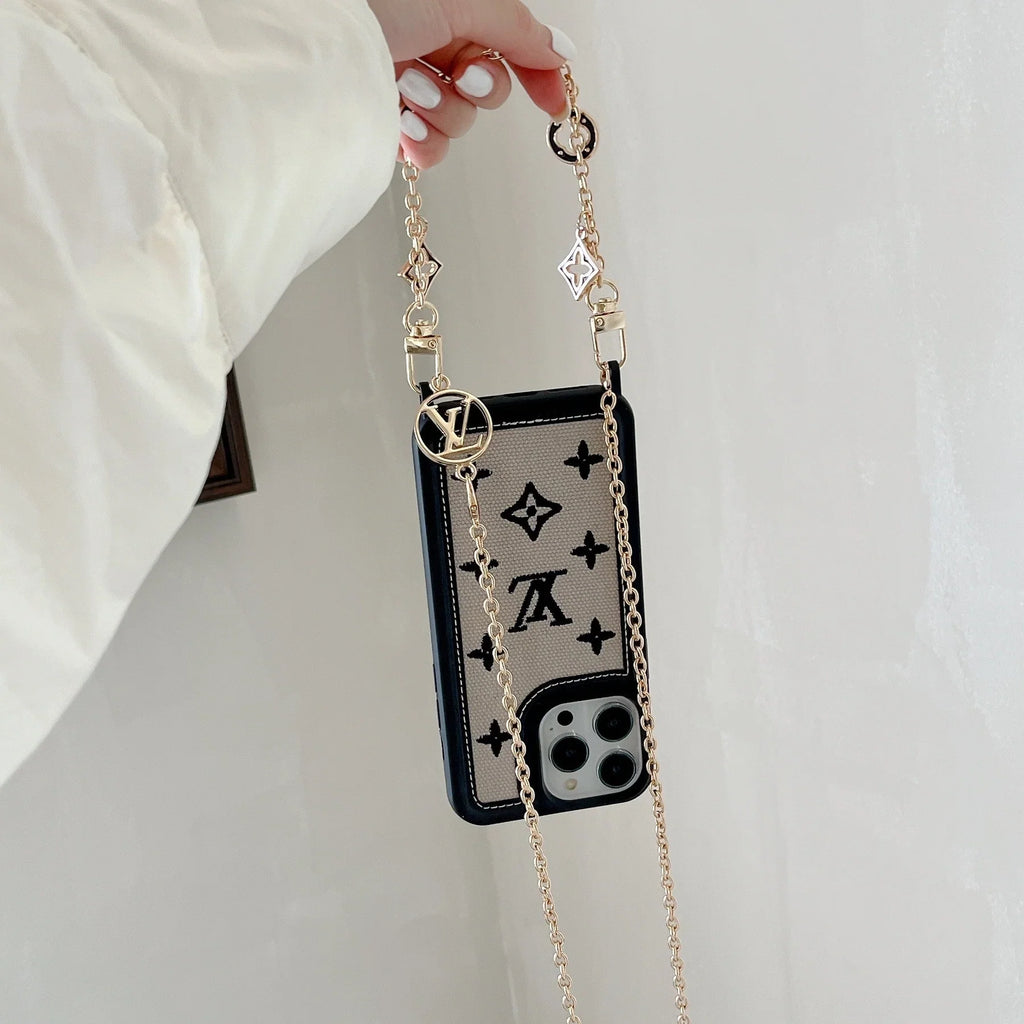 Fabric Leather Crossbody Chain iPhone Case With Ornament Charm for 13