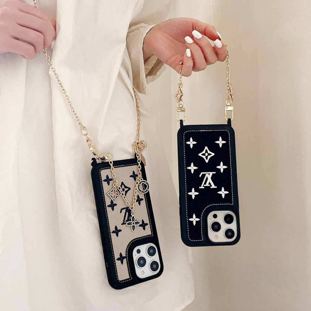 Fabric Leather Crossbody Chain iPhone Case With Ornament Charm for 12-pro