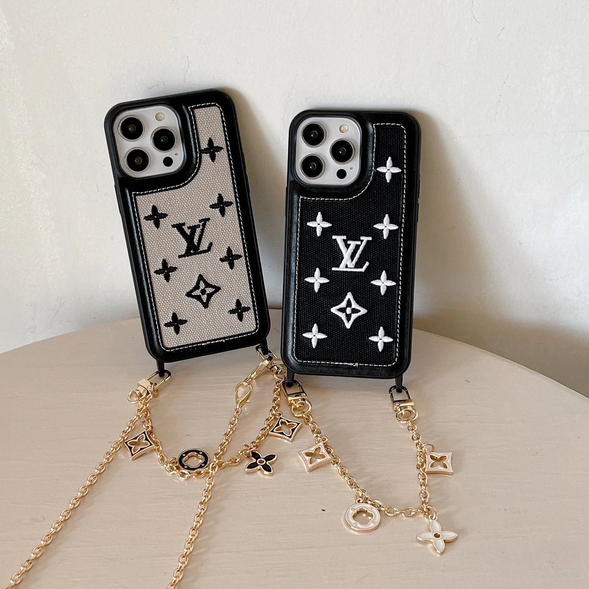 Fabric Leather Crossbody Chain iPhone Case With Ornament Charm for 13-pro-max