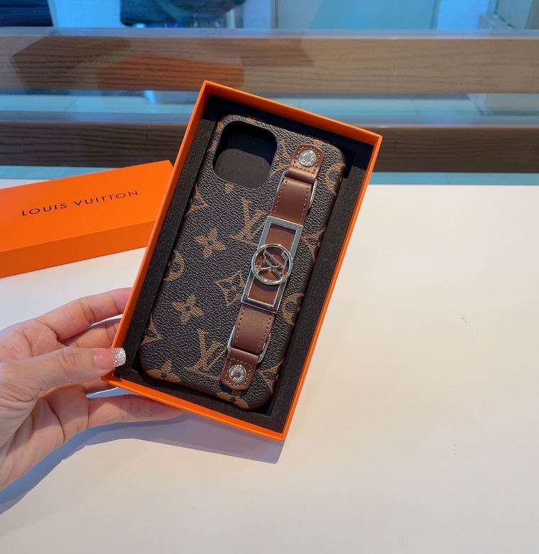 LV Monogram iPhone Case Brown Hand Strap For 11 12 13 14 15 16 Pro Max