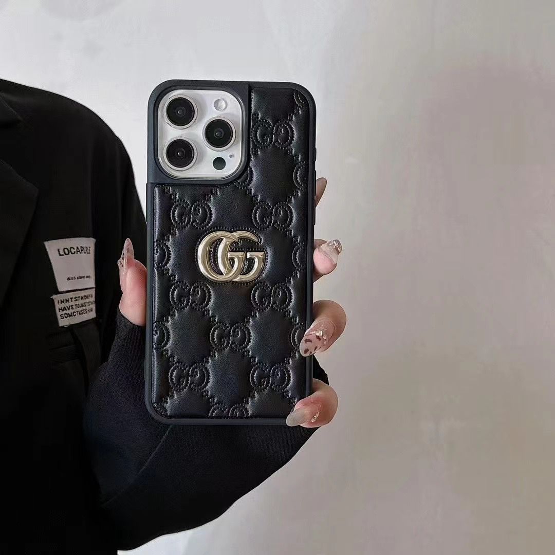 Stamped GG Leather iPhone Case For 13-17 / Pro / Pro Max for 14-pro