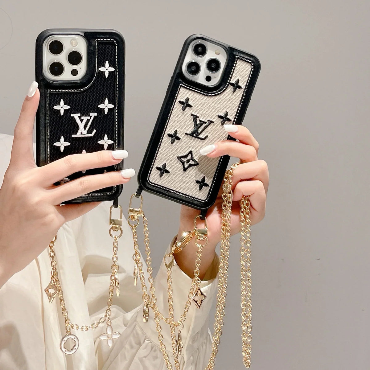Fabric Leather Crossbody Chain iPhone Case With Ornament Charm for 12