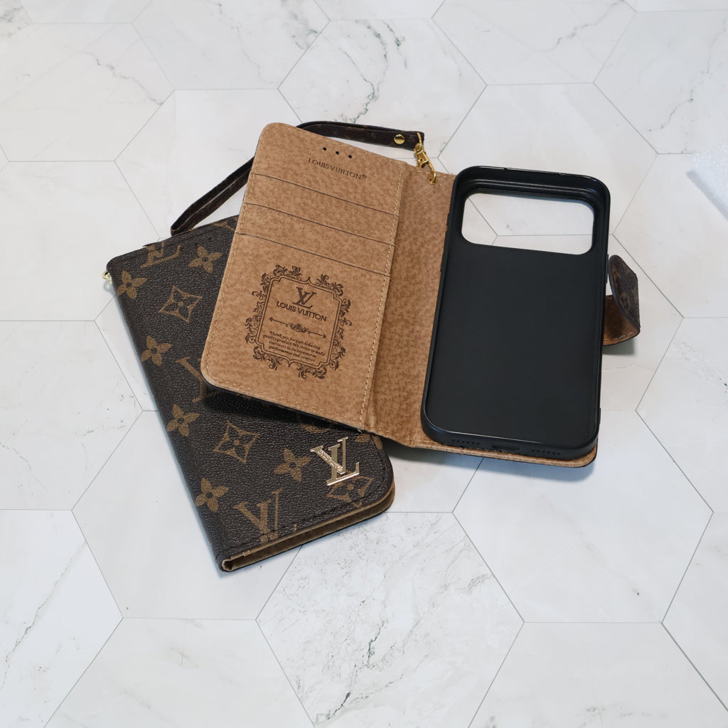 Classic LV Leather Wallet iPhone Case 12-17 Pro Max Plus Air