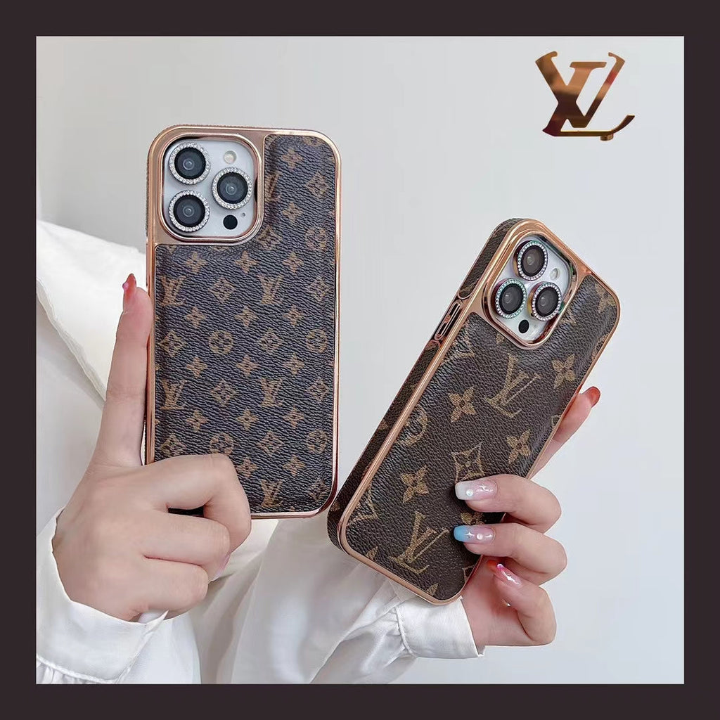 Louis Vuitton iPhone Case Luxury Classic Leather Rhinestone Camera Lens Protector for 12-pro